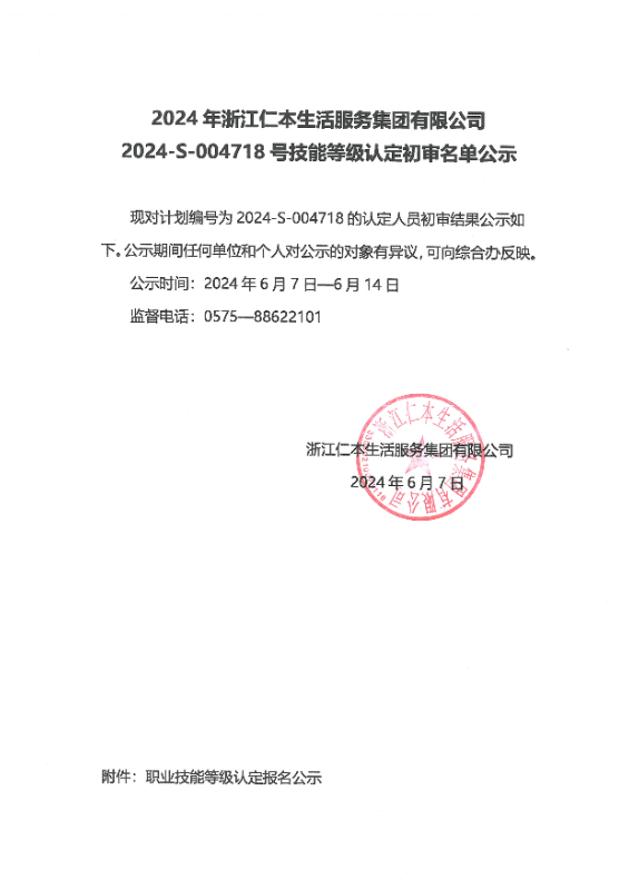 2024-S-004718号技能等级认定初审名单公示